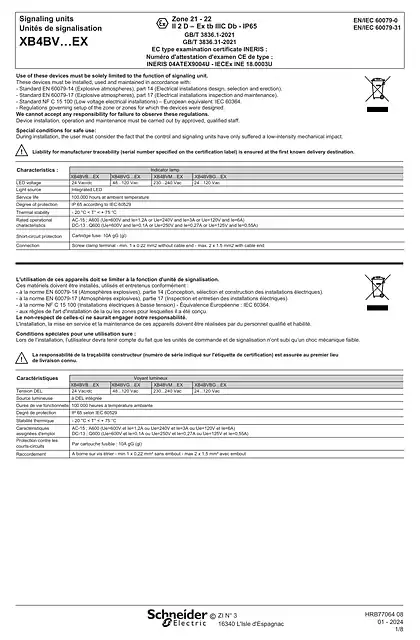 schneider施耐德XB4BV…EX Indicator lamp ATEX_ 说明书